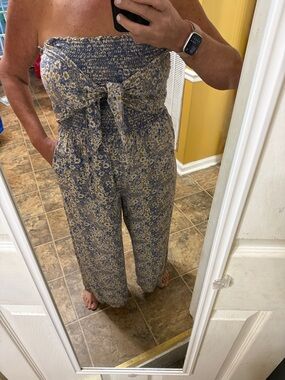 Patrons of Peace Blue & Yellow Floral Smocked Strapless Jumpsuit